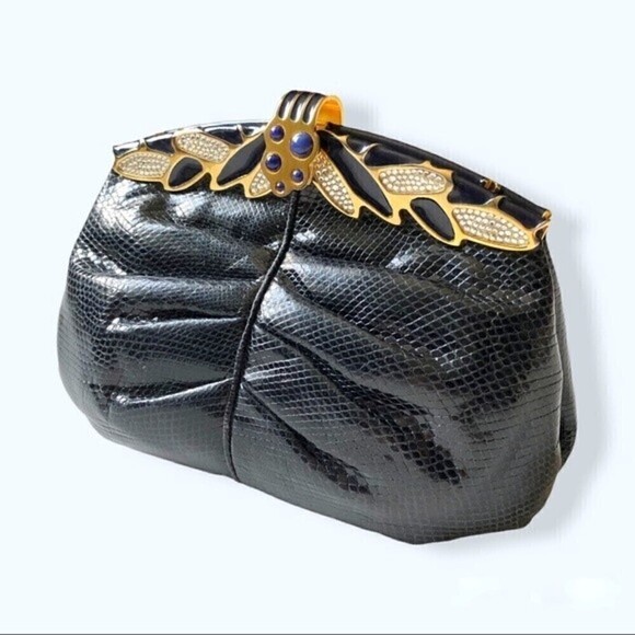 60s- 70s Finesse La Model Snakeskin Navy Blue Clutch Shoulder Bag Gold Hardware - Picture 2 of 15
